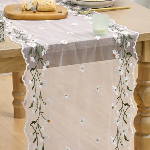 Artoid Mode Daisy Floral Light Pink Shaped Gauze Embroidery Table Runner 120 Inch 10FT, Tulle Spring Summer Kitchen Dining Table Decor for Home Party - color: Light Pink