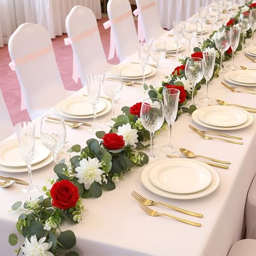 4 Pack Wedding Garland Set, Red Rose & White Dahlia Hanging Flower Vines for Wedding Arch, Backdrop, Mantel, Home Decor (5.91ft) - color: Red White