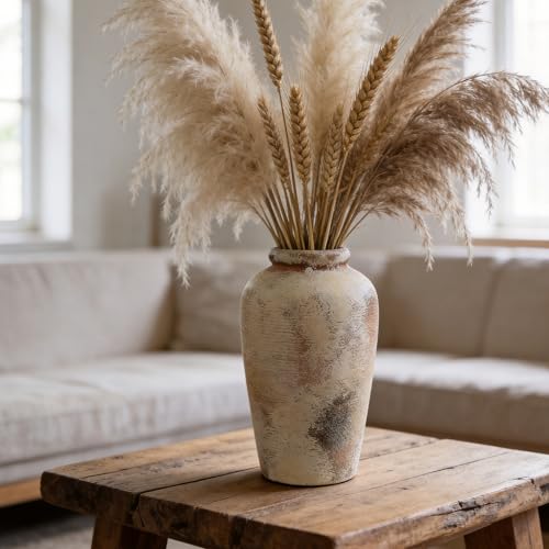 Ceramic Flower Vase, 10.6" Tall Rustic Farmhouse Vase, Decorative Pottery Vase with Glazed Interior for Fresh Flowers, Olive Branches, Mantel, Entryway and Dining Room Decor - color: Rustic-6.3"l X 6.3"w X 10.6"h