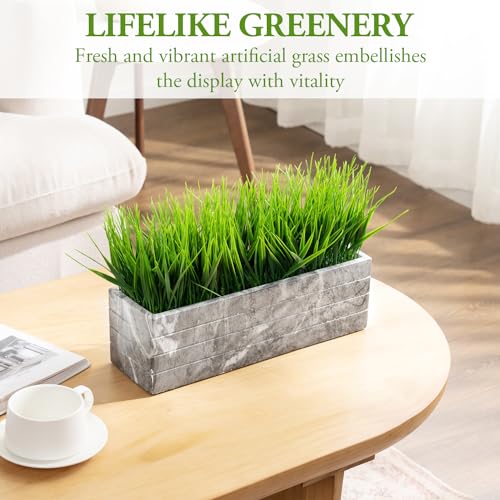 MyGift 14 Inch Artificial Green Grass Plant in Gray Marble Pattern Resin Ribbed Rectangle Planter, Faux Greenery Rectangular Cement Pot Centerpiece Home Décor - color: Gray Marble