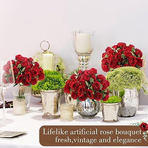 Zeyune 8 Pack Artificial Mini Red Roses, 12 Inch Fake Flowers with Stems, 80 Small 1.6 Inch Flower Heads, Silk Mini Rose Bouquets for Wedding Centerpieces, Bridal Bouquets, Home Party Decor - color: Red