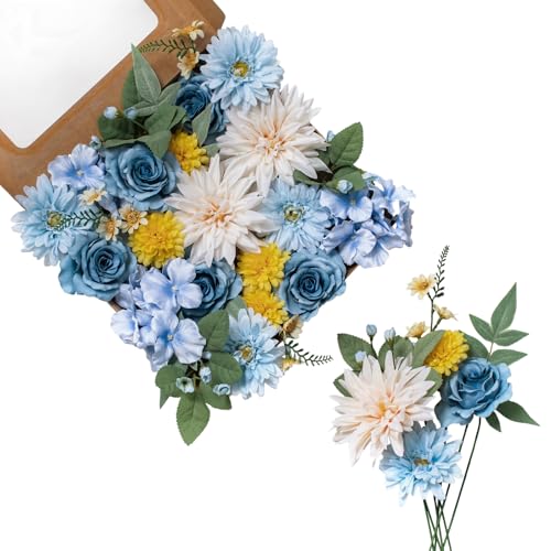 FANKO Artificial Flowers for DIY Bouquet, Blue Faux Rose, Blue White Yellow Fake Flower Rose Dahlia Daisy Hydrangea for Vase, Floral Arrangement, Centerpieces, Wedding Arches, Home Decor, Party Décor - color: Demure Blue