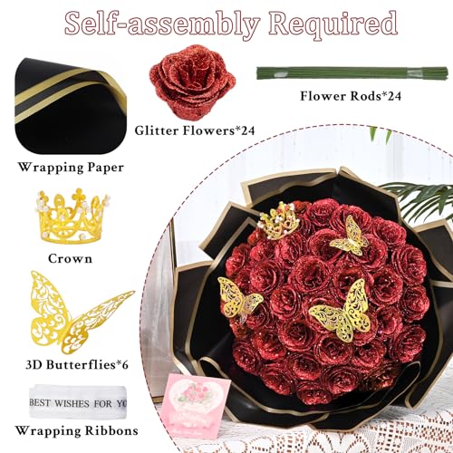 Waipfaru Red Glitter Roses Bouquet, DIY Flowers Bouquet, Birthday Gifts for Women Mom Grandma Wife Girlfriend, 24 Pcs Fake Rose for Valentines, Mothers Day, Anniversary, Graduation Gifts - color: Red, size: 24pcs