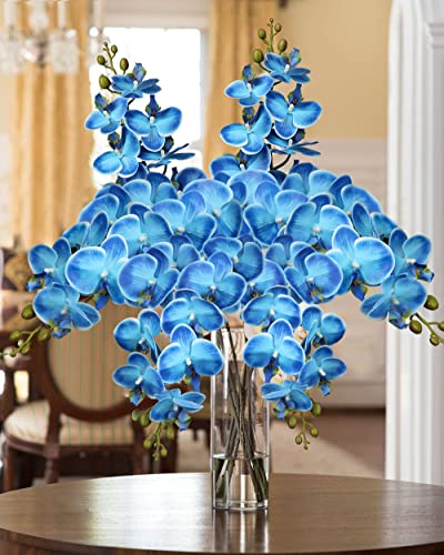 DILATATA 4 Pcs Fake Orchid Flowers 9 Large Heads of Real Touch Vivid Phalaenopsis Orchid Flower Stem 36'' Tall, Artificial Flowers Branches for Home Decor, Office House Deco-Blue Flowers - color: Blue #16