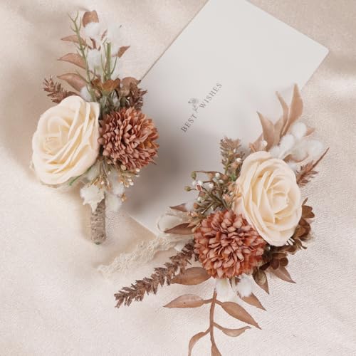 Alizeal 2Pcs of Wrist Corsage and Boutonniere Set, Artificial Flowers Accessories Suit Decor for Wedding Prom Party Homecoming Ceremony, Champagne+Orange - color: 701-champagne+orange