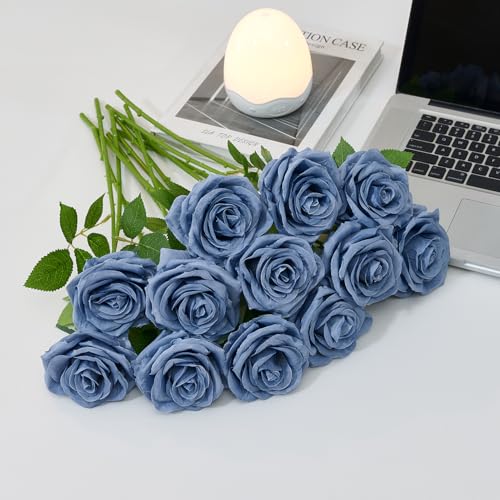 100 Pcs Fake Dusty Blue Roses, Artificial Blue Flowers Bulk Realistic Silk Faux Rose with Long Stems for Wedding Bridal Bouquet Anniversary Floral Arrangement Decor - color: Dustyblue