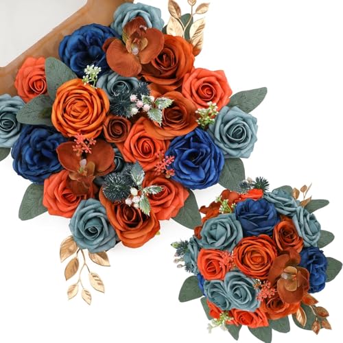 Garisey Artificial Flowers Combo for DIY Wedding Bouquets Combo Centerpieces Arrangements Party Bridal Baby Shower Home Decorations-Teal&Terracotta - color: Teal & Terracotta