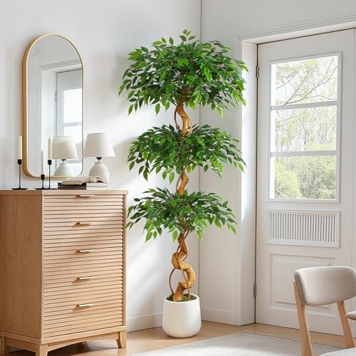 6ft Large Ficus Artificial Trees in White Pot, 72" Tall Fake Silk Tree with Natural Curved Trunk, Lush Faux Ficus Tree for Indoor Home Decor, Living Room, Office & Patio - size: 6ft