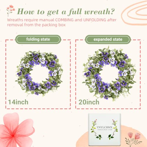 YNYLCHMX 20" Spring Summer Wreaths for Front Door, Artificial Floral Wreath with Purple Pansy Flowers Green Eucalyptus Leaves, Green Foliage Wreath for Wall Window Farmhouse Party Holiday Home Decor - color: Purple Pansy Flowers
