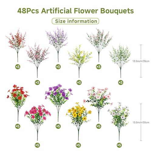 SHareconn 48 Bundles Artificial Flowers for Outdoors Decoration, Faux Plants Fake Silk Colorful Daisy Eucalyptus Lavender,UV Resistant for Outside Home indoor Spring Decor,RedRosyPurpleYellowPinkWhite - color: Redrosypurpleyellowpinkwhite