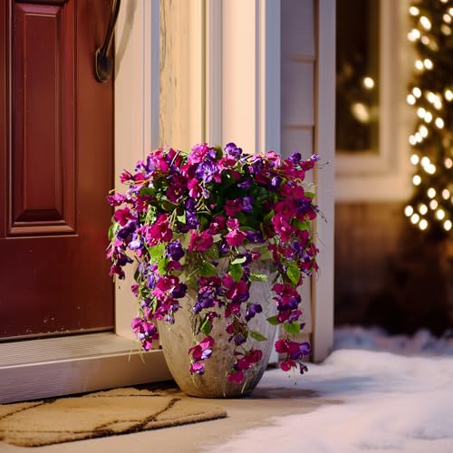 Hibiscus Artificial Hanging Flowers Plants for Outdoors 4 Pcs Fake Flower Faux Silk Hibiscus Long Trailing Vines Realistic Flower for Outside Front Door Porch Patio Balcony Garden Yard (4 Pcs Purple) - color: 4 Pcs Purple