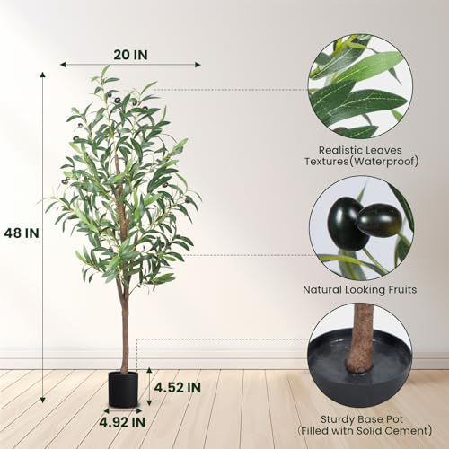 Artificial Olive Tree, 4FT Tall Faux Olive Trees 48in Outdoor Fake Potted Silk Plant with Trunk and Realistic 436 Leaves and 16 Fruits for Modern Office Home Decor（1pack） - color: 1pack, size: 4ft