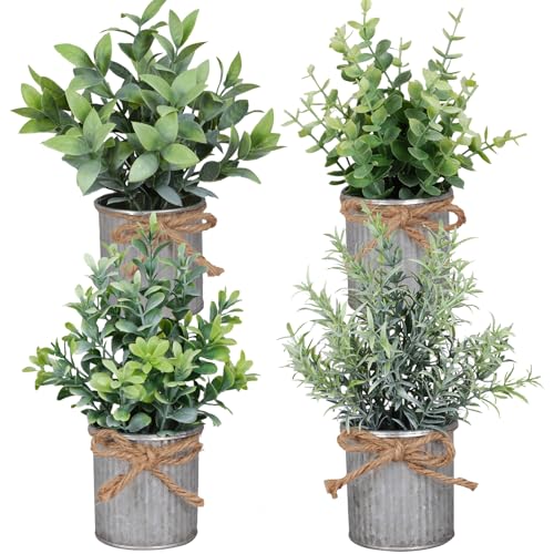 Yoratee Small Artificial Plants Set of 4 Fake Potted Plant with Iron Pot Mini Greenery Decor for Indoor Home Porch Garden Bathroom Décor - color: Silvery