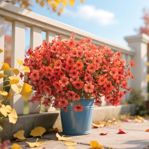 Grunyia Fall Outdoor Artificial Flowers 16 Bundles - UV Resistant Faux Daisy with Eucalyptus Leaves, Weatherproof Fake Plants for Porch, Patio, Garden Decor, Indoor Outdoor Decor (Fall Orange Red) - color: Fall Orange Red