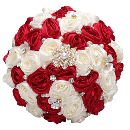Bridal Wedding Bouquet with Rhinestone Brooch Pearl Bouquet for Bride Bridesmaid Quinceanera Rose Flower Bridal Bouquet Wedding Burgundy and Ivory 8.7in - color: Burgundy & Ivory, size: Large (DIA. 8.7"/22cm)