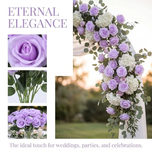 52pcs Lavender Roses Artificial Flowers Fake Flowers Silk Roses with Stems for DIY Wedding Bouquets Bridal Shower Centerpieces Arrangements Party Decorations - color: Lavender