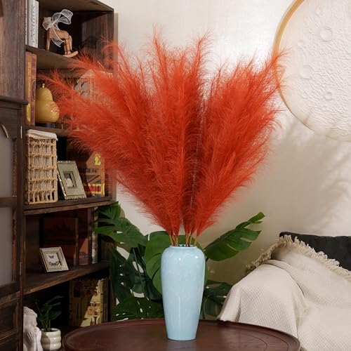 Premium Faux Orange Pampas Grass – 8pcs 43.3" Tall Fluffy Pampas for Floor Vase Decor, 18-Branch One-Piece Stems No Assembly, Luxury Silk-Feel Feather Flowers for Boho Wedding Home Decor 110cm - color: Faux Orange, size: 8pcs 43.3"(110cm)