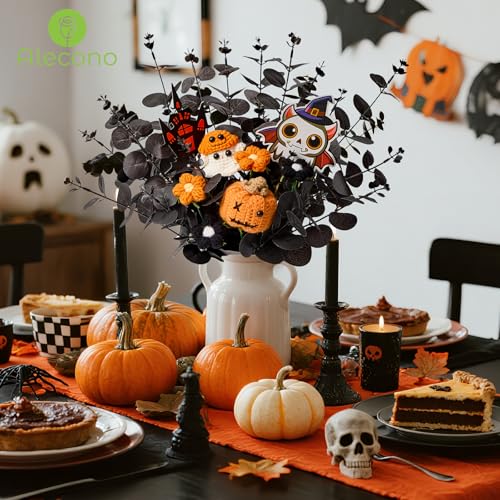 Alecono Crochet Flower Bouquet, Halloween Knitted Flowers, Black Handmade Pumpkin Bouquet of Flowers for Kids Baby Festival Gifts (Include Card) - color: Halloween