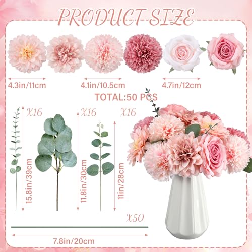 Suncalla 98 Pcs Artificial Flowers Bouquet Assorted Faux Flowers Heads with Stem Eucalyptus Leaves Silk Floral Table Centerpiece for DIY Wedding Party Wreath Home Decor(Pink Color) - color: Pink Color