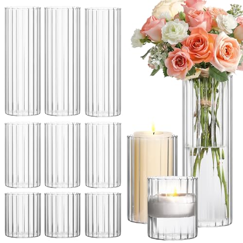 ComSaf Glass Cylinder Vases Pack of 12, Clear Ribbed Bud Vases for Centerpieces Weeding Decoration, 4 inch 6 Inch 10 Inch Tall Clear Flower Vases in Bulk, Hurricane Candle Holder for Party Home Decor - size: 4+6+10 Inch Tall (Assorted)