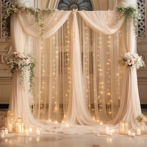 10ft x 10ft Champagne Backdrop Curtain with Lights String for Parties, Sheer Wedding Photo Backdrops Drapes for Baby Shower Birthday Party Decorations Background for Photography - color: Champagne, size: W5' x H10'(2 panels)