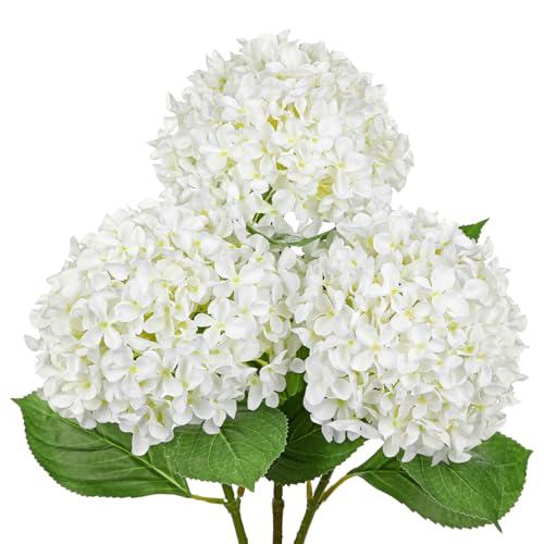 26" Artificial Hydrangea Flower with 6.6" Large Bloom, Realistic Gradient Silk Flowers, Faux Hydrangeas for Home Wedding Centerpiece Decor, Big Petal Fake Floral Arrangement, Indoor Outdoor Display - color: White, size: 3PCS