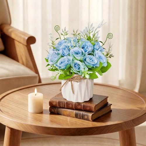 Fake Flowers with Vase,Blue Roses Artificial Flowers in Vase | Faux Flower Plant Arrangement,No Maintenance Faux Flower Arrangement, 6.3 Inch Realistic Table Decor for Home Office Wedding - color: Blue