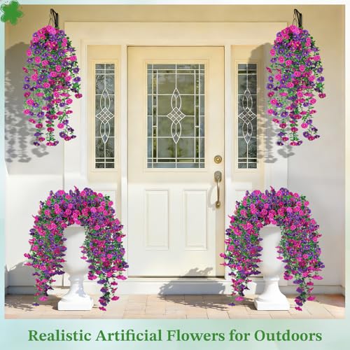 Artificial Hanging Flowers for Outdoors, 6Pcs UV Resistant Morning Glory Vines Fake Flowers with Eucalyptus, Realistic Silk Faux Hanging Plants Decor for Outside Planter Porch Patio (Purple Red) - color: Purple Red