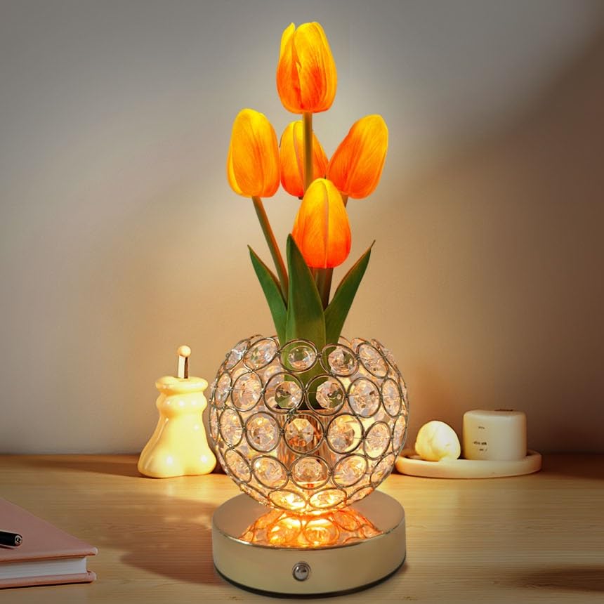 Cordless Tulip Flower Lamps, 3 Colors Touch Stepless Dimming Crystal Night Light, Rechargeable Artificial LED Flower with Vase Lamp Romantic Decor for Mothers Day,Xmas,Birthday (OG) - color: OG