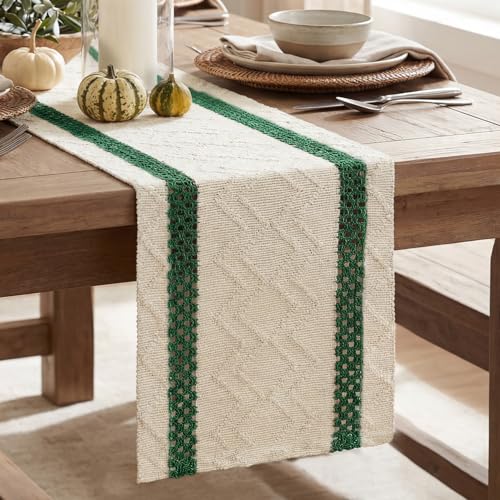 Artoid Mode Forest Green Stripe Woven Table Runner, Seasonal Holiday Hollow Kitchen Dining Table Decoration for Home Party Decor 12x36 Inch - color: Forest Green, size: 12" x 36", Table Runner