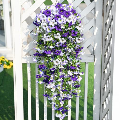 Waipfaru Artificial Petunias Flowers for Outdoors, 4 Pcs UV Resistant Fake Hanging Plants Spring Outside Decor, Faux Silk Flowers Long Trailing Vines for Outdoor Planters Porch Garden (Purple White) - color: Purple, size: 4 PCS