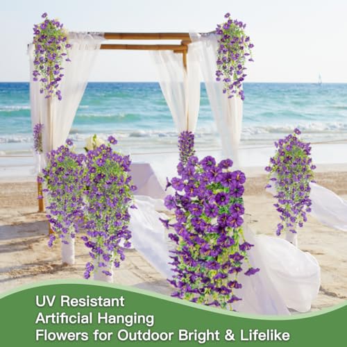 Artificial Flowers for Outdoors Fake Morning Glory Hanging Flower Decoration, 4 Pcs Realistic Faux Plants Petunias Trailing Vines, Spring Summer Decor for Porch Patio Balcony Planter Yard(Purple) - color: Purple, size: 4 Pcs