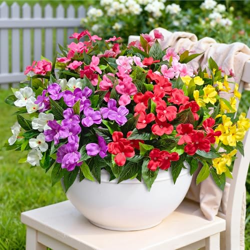 Artificial Flowers for Outdoors Decorations, 6 Bundles Realistic Impatiens Silk Faux Flowers UV Resistant Fake Plants for Outside Pot Patio Garden Porch Planters Window Box Balcony Indoor Home Decor - color: Mix Color
