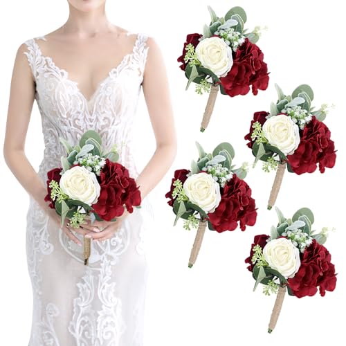 Artificial Flowers Bridesmaid Bouquets - Set of 4 Bridesmaid Bouquet Burgundy White Handmade Silk Floral Bouquet for Wedding Ceremony Anniversary, Bridal Shower, Home Table Decorations - color: Burgundy & White, size: 4pcs Bouquets