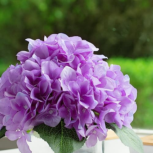 ENOVA FLORAL Silk Hydrangea Artificial Flowers in Vase with Faux Water, Silk Flower Arrangements in Vase for Home Decor, Wedding Table (Purple) - color: Purple