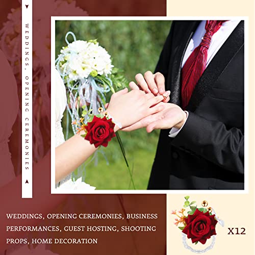 Sherr Wine Red Set of 12 Rose Wrist Corsages for Wedding Corsage Flower Wristlet Floral Wedding Wrist Bridal Rose Leaf Hand Flowers for Bride Bridesmaid Prom Engagement Festival - color: Wine Red