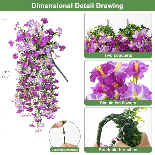 Artificial Fake Flowers Plants for Outdoor Spring Summer Decoration,2 PCS Faux Silk Morning Glory with Eucalyptus Leaves,UV Resistant Realistic Outdoor Flowers for Balcony Porch Patio Yard Garden - color: Orchid Deep Orchid