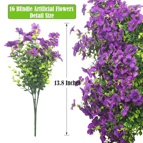 Grunyia Artificial Fake Flowers for Outdoor Spring Decoration, 16 Bundles Faux Silk Colorful Daisy UV Resistant Realistic for Outside Porch Patio Home Yard Garden Planters Pots Window Box (Purple) - color: Purple