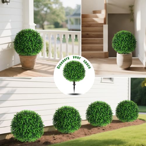 Yangrass Artificial Eucalyptus Topiary Ball Trees with Ground Spike, Set of 2 UV Resistant Artificial Shrubs, Fake Evergreen Artificial Plant Bushes for Indoor Outdoor Front Porch Garden - color: Eucalyptus