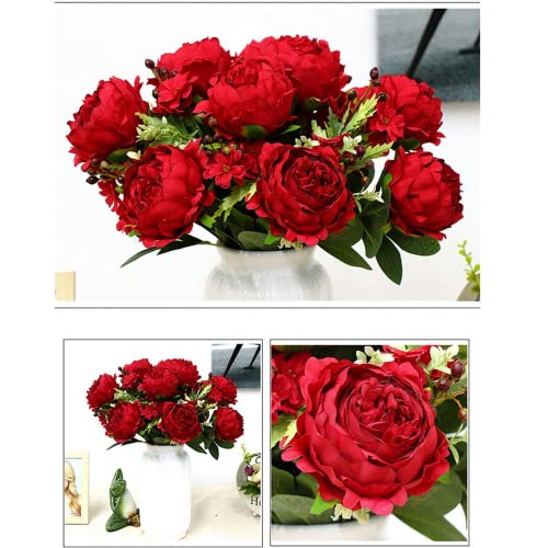Corkwaw 10 Heads Peonies Artificial Flowers, 17-1/2" Long Vintage Silk Fake Peony Bouquet for Home Garden Decoration Office Verandah Wedding Decorations (red) - color: Red
