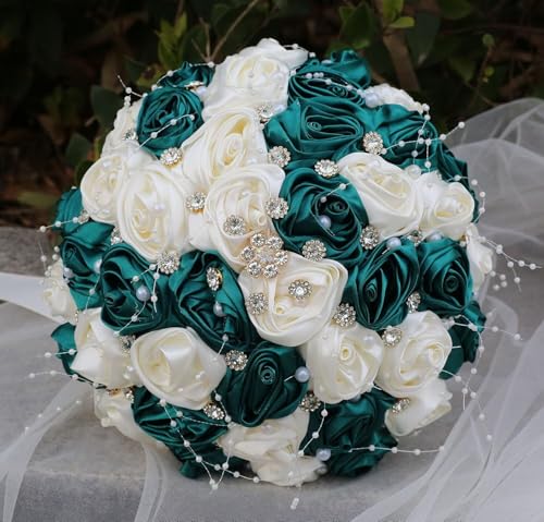 Ujicde Romantic Wedding Bouquet Bridal Bridesmaid Round Bling Brooch Bouquet Throw Toss Artificial Rose Flower Bunch with Sparkle Rhinestone Crystal Decoration(Dark Green+Ivory,Dia. 6.3"*16cm) - color: Dark Green+ivory, size: Dia. 6.3"*16cm