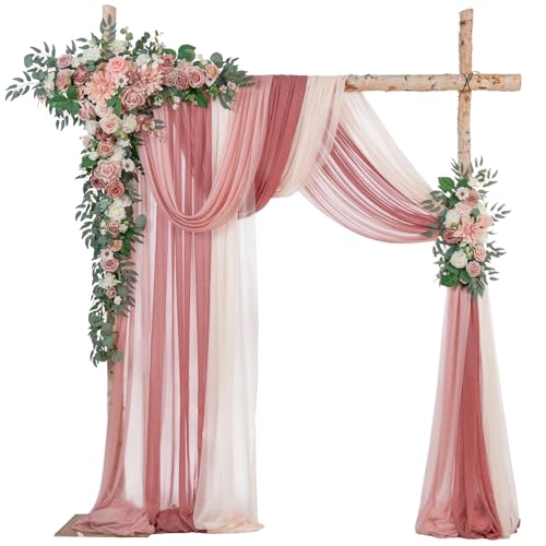 TINGE TIME Wedding Arch Flowers Kit - Deluxe 5pcs Artificial Floral Swag with 3 Sheer Drapes, Realistic Silk Flower Arrangements for Wedding Ceremony Arbor Backdrop Reception Party Home Decor - color: Dusty Rose & Cream