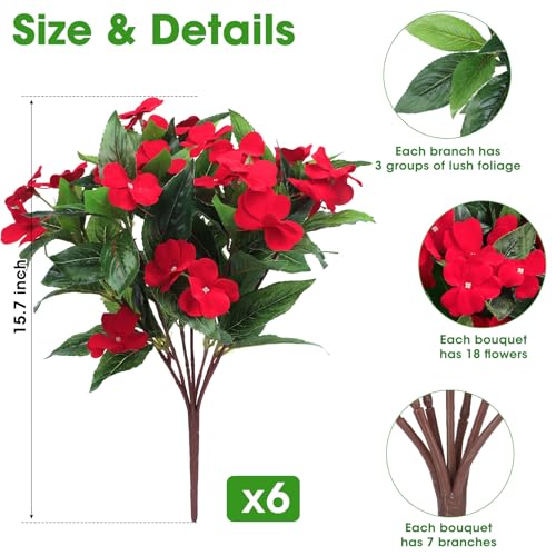 Ouddy Decor 6 Bundles Artificial Impatiens Flowers for Outdoors Decoration, Silk Flowers Bouquet Fake Plants UV Resistant for Spring Summer Garden Porch Window Box Balcony Home Decor, Red - color: Red