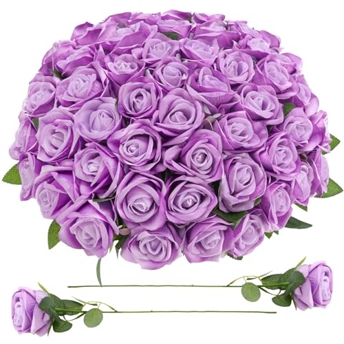 90 Pcs Purple Velvet Rose Artificial Flowers with Long Stems, Fake Silk Roses Real Touch Fake Roses Florals for Birthday Wedding Bouquet Party Arrangement Decorations - color: Purple