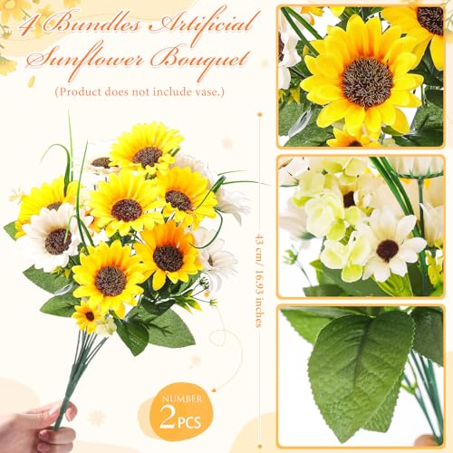 Giegxin 4 Bundles Fathers Day Sunflower Cemetery Flowers for Grave Vase Artificial Memorial Flower Bouquet Fake Silk Floral Arrangement for Dad Headstone Gravesite (Sunflower)