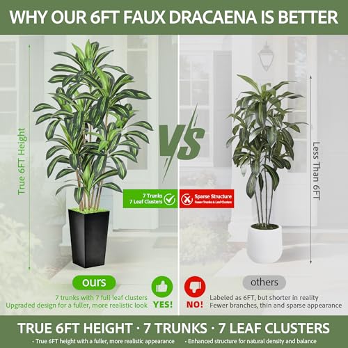 Dracaena Artificial Plant, 6FT Tall Artificial Plants Indoor Dracaena Tree in Pot, Fake Floor Plant for Living Room Decor, Artificial Tropical Plants Outdoor Porch Decor Office (Black, 6FT) - color: Black, size: 6FT