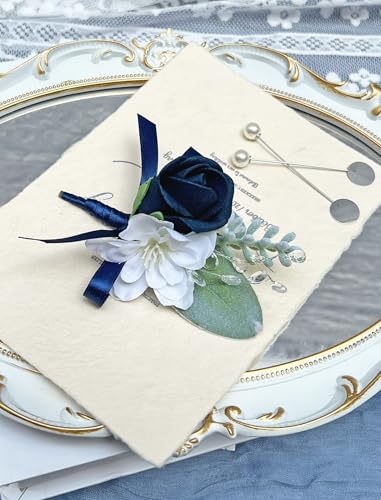 Marriwise 6pcs Rose Boutonniere for Men, Artificial Flowers Wedding Groom Groomsmen Boutonniere for Wedding/Anniversary/Prom/Rustic Wedding/Homecoming (Dark Navy Blue) - color: Dark Navy Blue