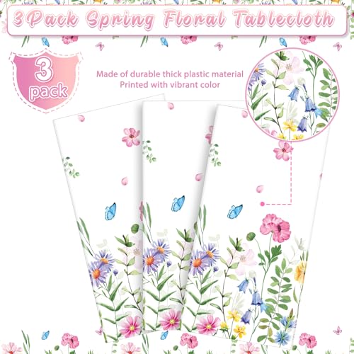 3Pcs Spring Floral Plastic Tablecloth,Pink Purple Blue Flower Butterfly Disposable Table Cover for Home Decor Summer Spring Picnic Dining Holiday Weeding Birthday Tea Party Decorations,54x108 Inch - size: 108" X 54" (Rectangular) - 3 Pack