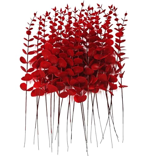 ABAJI 24 PCS Eucalyptus Stems Plastic Vivid Leaf Decorations Artificial Leaves Fake Faux Greenery Plant for Home Office House Table Desk Decor Wedding or Party Vase Forever Live - color: Wine Red