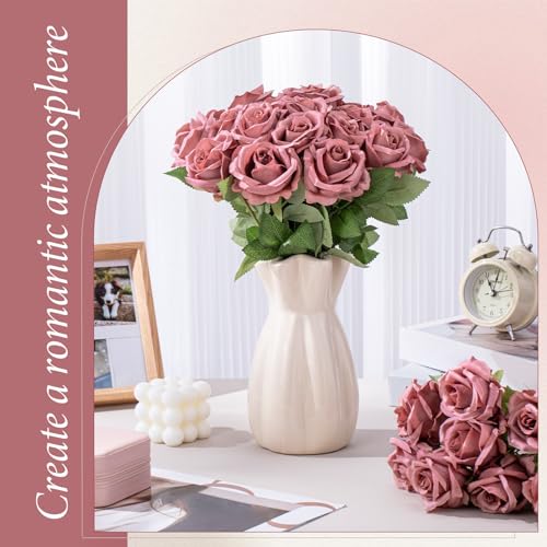 Hotop 40 Pcs Rose Artificial Flowers Bulk with Long Stem,Realistic Silk Fake Roses Bouquet for Home Wedding Centerpieces Party Table Decoration Valentines Gifts(Dusty) - color: Dusty